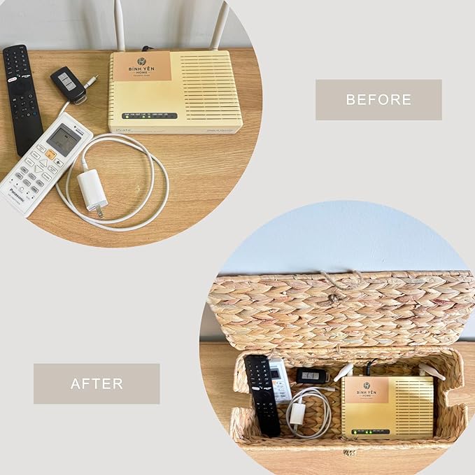 Wicker Cable Management Box with Lid, Set of 2 Handwoven Water Hyacinth Cords Hider Boxes for TV, Computer, Router, USB Hub to Hide Cords & Power Strip for Desk, Floor, Office