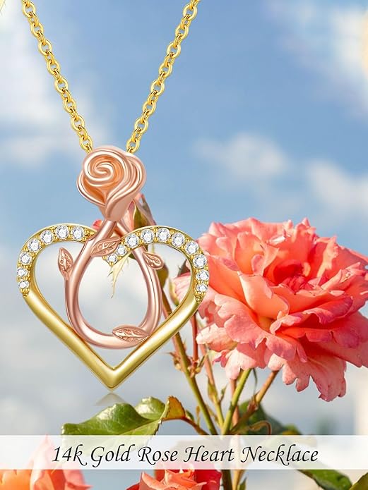 14K Solid Gold Rose Flower/Sunflower Necklaces for Women Flower Heart Pendant Necklace Love Sunshine Jewelry Anniversary Valentine's Day Birthday GiftS for Women Wife Girlfriend Her Mom