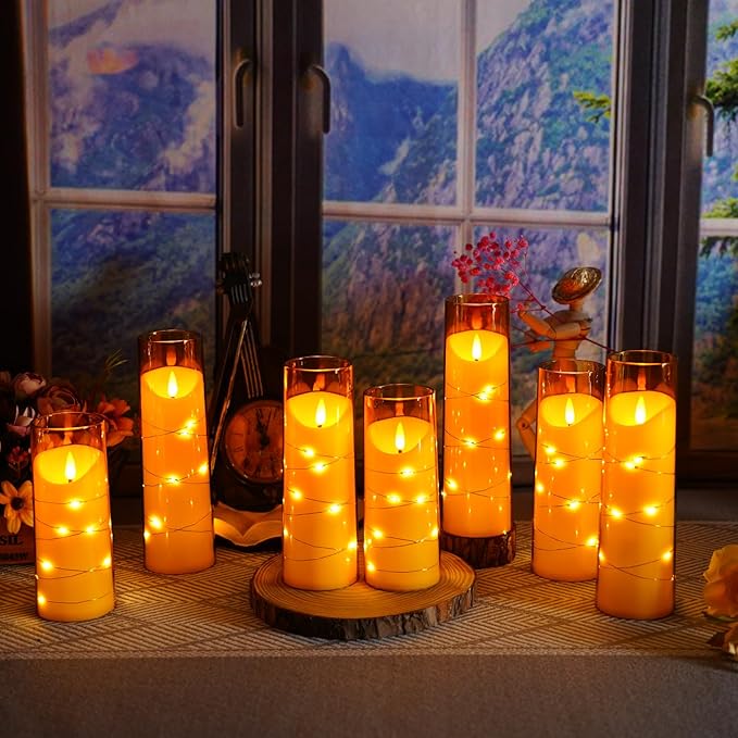 Flameless Candles with Embedded Star String, Battery Operated LED Pillar Candles with Timer and Remote Control,Home Decorating for Ambiance， Set of 9 (Gold)