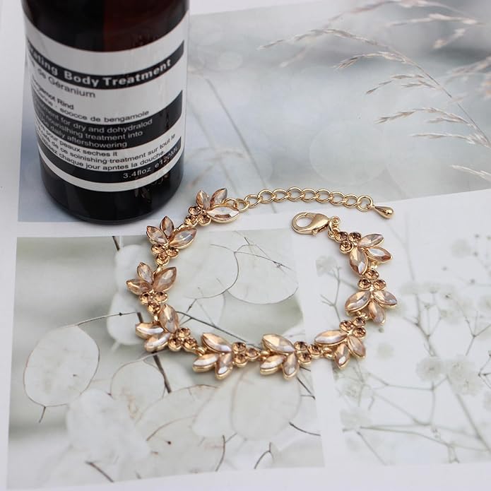 Bridal Wedding Crystal Leaf Choker Necklace Dangle Earring Bracelet Brides Bridesmaid Jewelry Set for Women