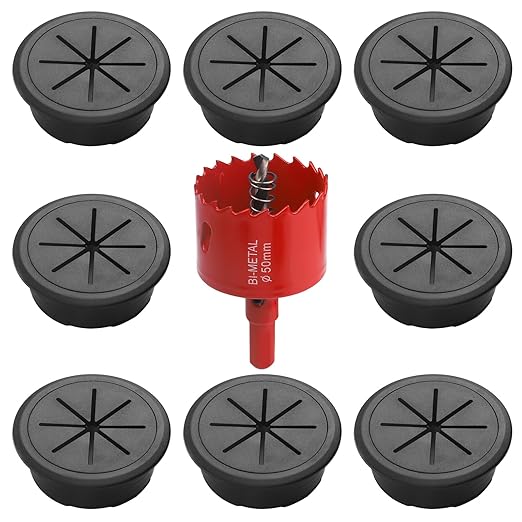 Desk Grommet 2 Inch 8Pcs Grommets Desk Hole Cover for Cables Wire Grommet Kit with Hole Saw(Black, 2Inch_50mm)