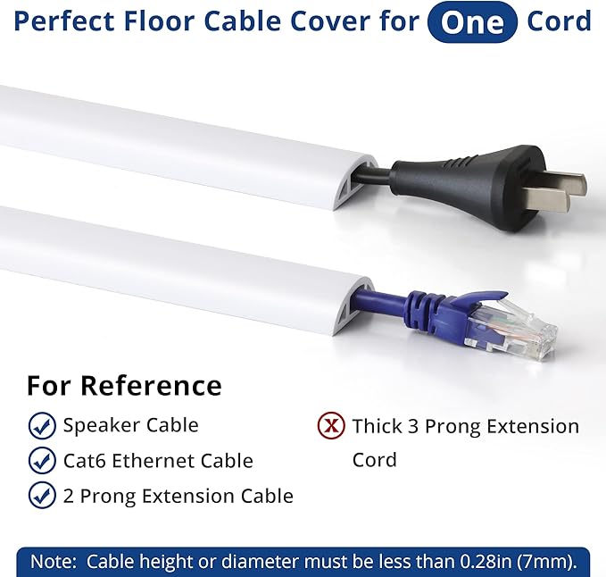 Cord Cover Floor 6ft White, PVC Floor Cable Cover, Cord Hider Floor Cord Protector Prevent Cable Trips & Protect Wires, Floor Cable Management Hide Cords on Floor, Cord Cavity -W0.47 x H0.28