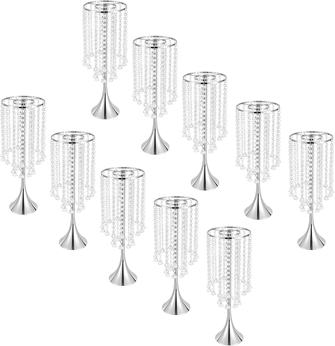 Wedding Centerpieces Silver Vases,10PCS Metal Flower Candle Holder with Sparkling Crystal Beads,Crystal Flower Vase Metal Flowers Stand for Party Tables Decorations (10PCS-Sliver-3)