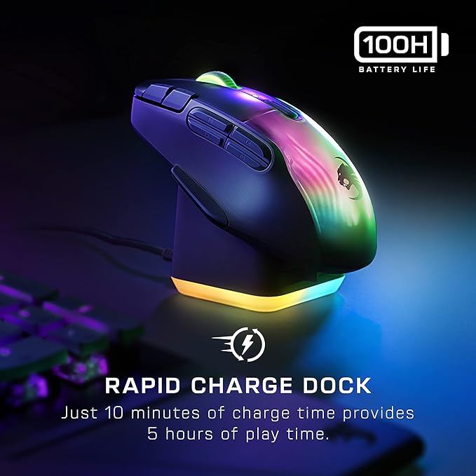 Turtle Beach Kone XP Air Wireless Customizable Ergonomic RGB Gaming Mouse, Bluetooth, 19K DPI Optical Sensor, 100-hour Battery & Charging Dock, 29 Programmable Inputs & RGB Lighting, 4D Wheel – Black