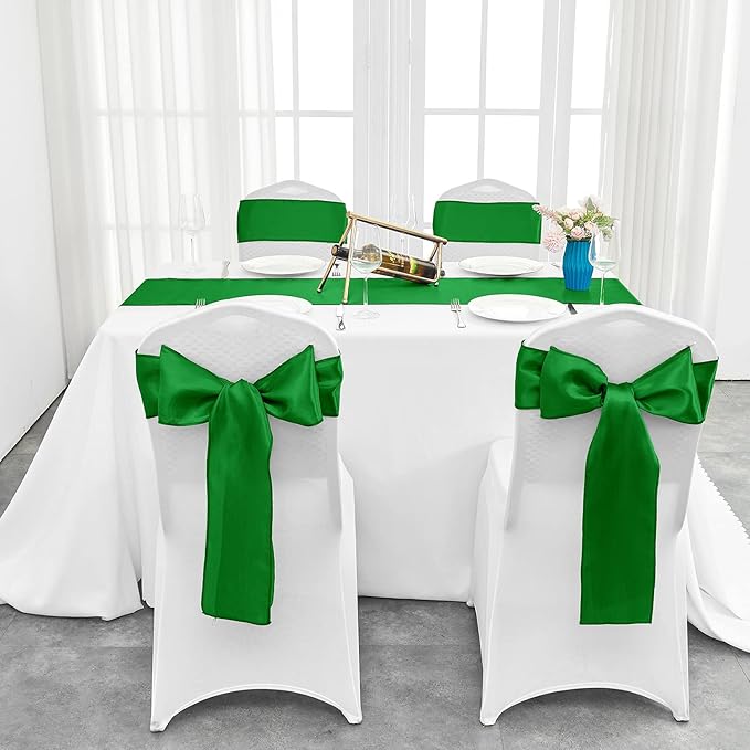 5 Pack Emerald Satin Table Runner 12 x 108 Inch Long Table Runner for Wedding,Birthday Party and Banquet Decoration,Silk Satin Fabric Spring Party Chair Sashes