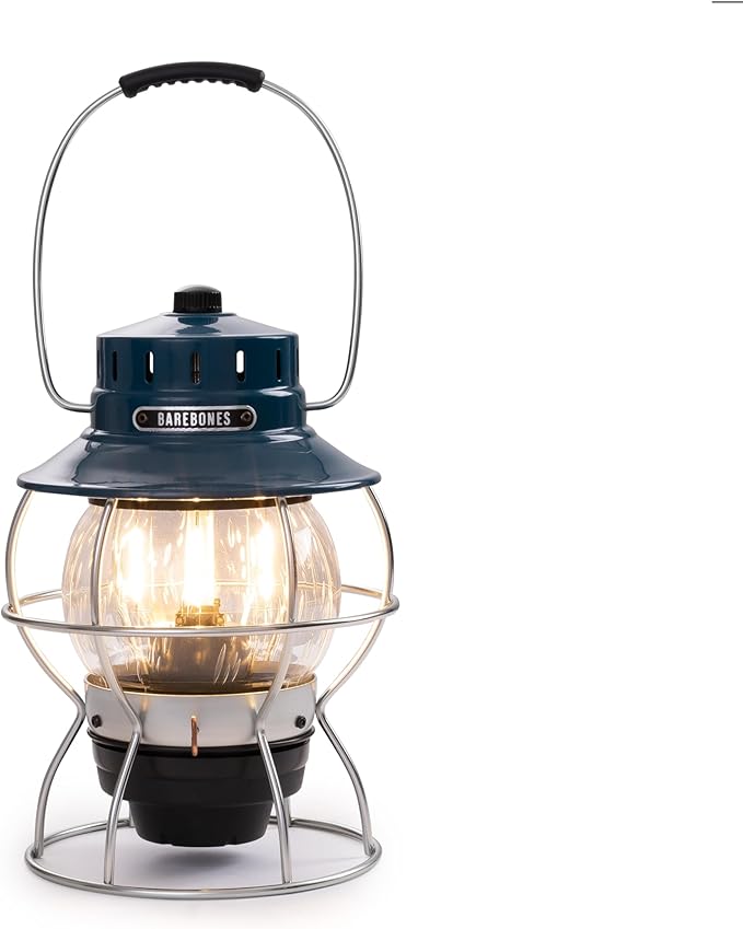 Barebones Railroad Lantern – Ocean Blue, Vintage-Inspired LED Camping Lantern with Rechargeable Battery – Adjustable Brightness Outdoor Light for Camping Gear, Backyard, and Home Decor