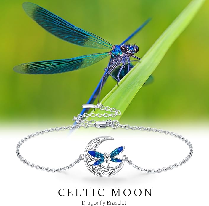 Dragonfly Bracelet 925 Sterling Silver Butterfly Bracelet Adjustable Celtic Moon Bracelet Irish Celtic Jewelry Gifts for Women