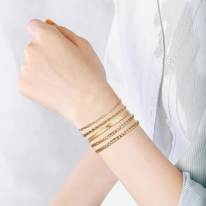 Silver and Gold Bracelets for Women Non Tarnish Waterproof Gold bracelet stack set, Adjustable 6.5"+2" Extender, Layered Bracelets for Women，Exquisite Jewelry Gift