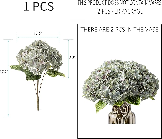 Kimura's Cabin 2Bouquets Fake Hydrangea Flowers Vintage Artificial Silk Flower Bouquets 10Heads for Indoor Home Table Centerpieces Wedding Party Decoration (Mint Green, Pack of 2)