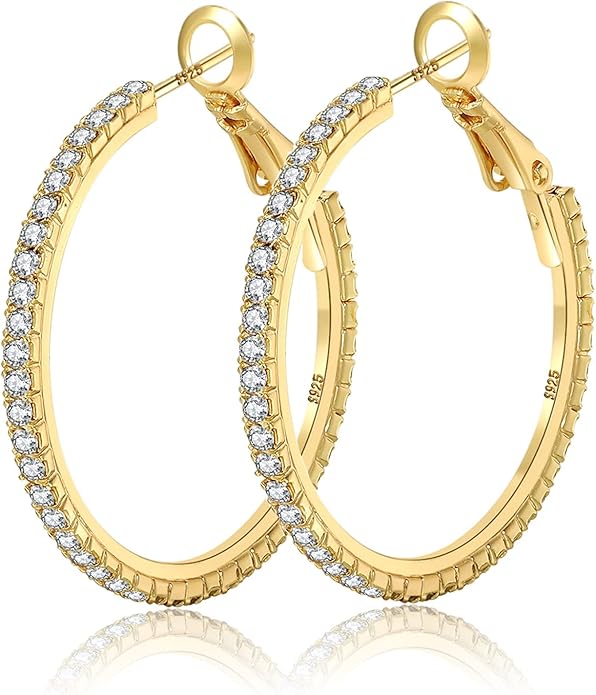 925 Sterling Silver Earrings Large Rhinestone Hoop Earrings Big Cubic Zirconia Hoop Earrings Thin Rhinestones Round Hoop Earrings for Women 20/30/40/50/60/70mm Sparkly Hoops With Crystals for Womens