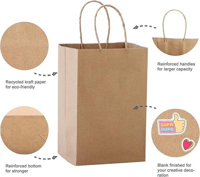 MESHA 400 Pack Kraft Brown Paper Bags with Handles Bulk 5.25X3.75X8 Inches, Brown Small Gift Bags for Small Business,Birthday Wedding Party Favor, Paper Shopping