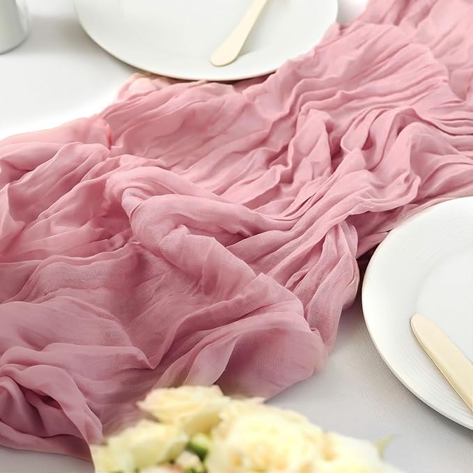 10PCS Dusty Rose Cheesecloth Table Runner 10ft Boho Gauze Fabric Cheese Cloth Table Runner Comes with 10 Cloth Napkins Runner for Romantic Wedding Birthday Shower Party Table Decoration