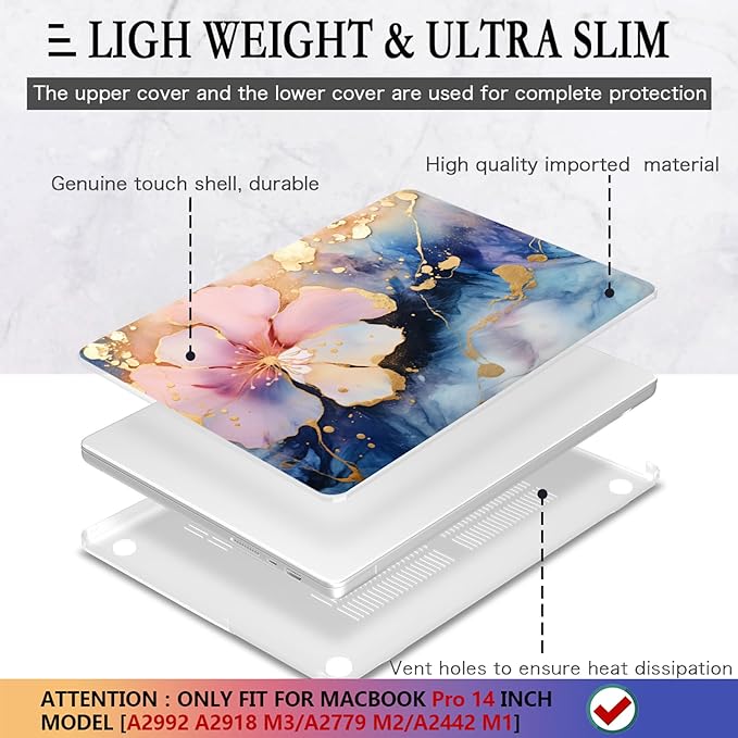 CISSOOK Plastic Hard Shell Compatible with MacBook Pro 14 inch Case 2024 2023 2022 2021 Release, M4 A3112 A3185 A3401 M3 A2918 A2992 M2 A2779 M1 A2442 Pro/Max Chip, Marble Flower