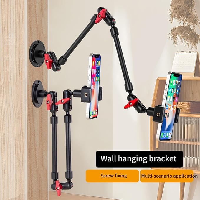 Adjustable Mobile Phone Holder for Desk, Wall Mount and Ceiling Mount Bracket for Phone and Other Smartphones (Metal Base+82cm arms+Phone Clip)