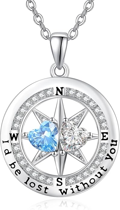 Compass Necklace for Women, Exquisite S925 Valentines Day Anniversary Birthday Gifts for Wife Her Double Birthstone Pendant Jewelry ‘I'd be Lost Without You’