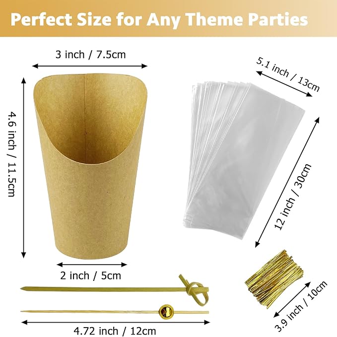 CAMKYDE 50 Sets Disposable Charcuterie Cups with Sticks and Bags, 12 oz Brown Kraft Paper Snack Appetizers Cup French Fry Holder with Cocktail Picks Toothpicks (50 Cups+50 Bags+200 Sticks)
