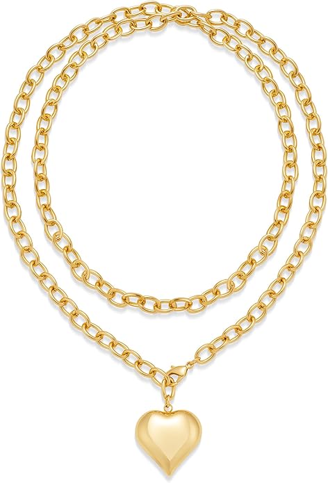 Valentine's Day Gifts for Women - Chunky Heart Necklaces for Women, Statement Long Lariat Layered Gold Heart Pendant Necklaces, Statement Jewelry | Big Y-shape Jewelry