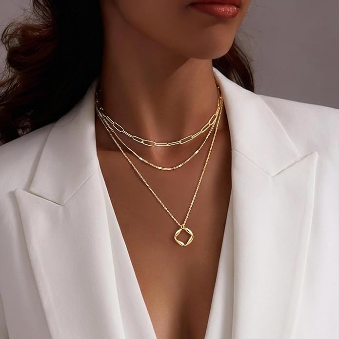 Layered Gold Necklaces for Women, Stackable Dainty 14K Gold Silver Plated Trendy Simple Heart Diamond Cross Bow Circle Pendant Paperclip Choker Dot Chain Necklace,Jewelry Set Gifts for Women