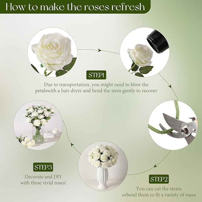 Tifuly 50pcs Roses Artificial Flowers Bulk,Realistic Long Stem Fake Silk Roses for Wedding Centerpiece Table Vases Party Home Kitchen DIY Bouquets Decor（Off White）