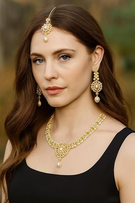 Touchstone Indian jewelry sets for women gold wedding tikka necklace set guest costume fancy bridal jewellery rhinestone crystal elegant formal prom evening wear dainty accessories