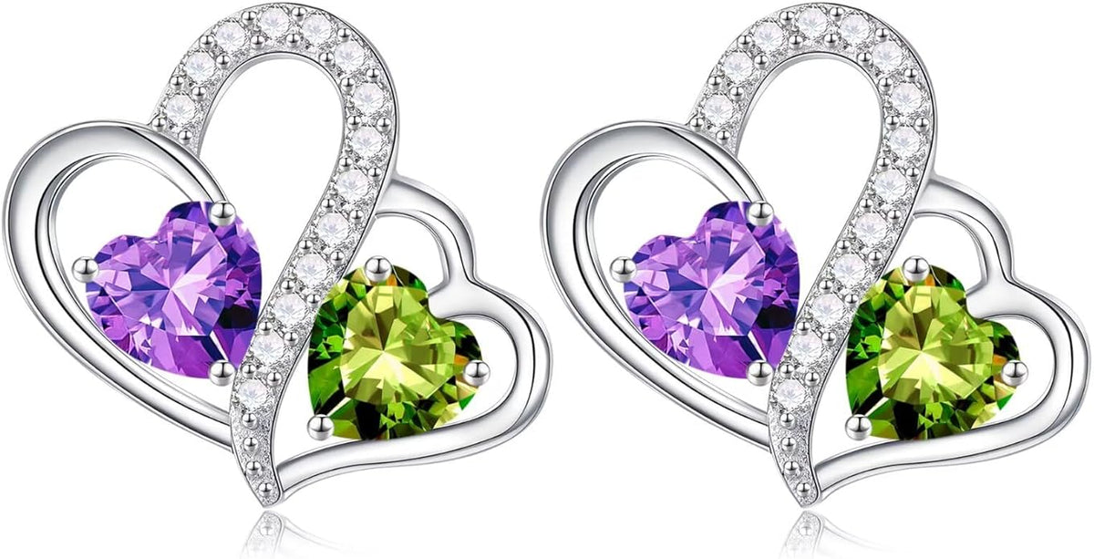 Iefil Valentines Day Gifts for Her - Birthstone Earrings Gift for Women, 925 Sterling Silver Double Heart Birthstone Earrings | Anniversary Birthday Gifts for Women, Personalized Jewelry for Wife Mom