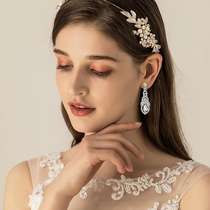 Jstyle 4 Pairs Silver Clip on Earrings for Women Elegant Rhinestone Clip on Earrings Dangle Drop for Brides Bridesmaids Non Pierced Earrings Set