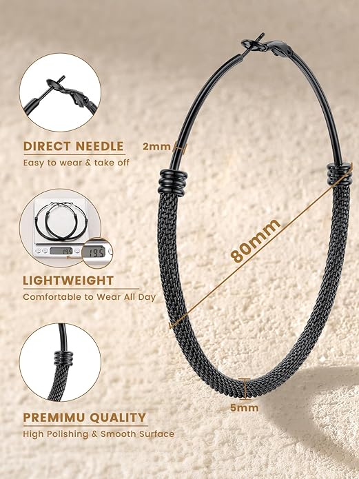 KeyStyle Mesh Hoop Earrings for Women, Stainless Steel Gold Hoops Earring Lightweight Loops, 2MM Thick Hypoallergenic Circle Endless Hollow Hoop 20mm-80mm