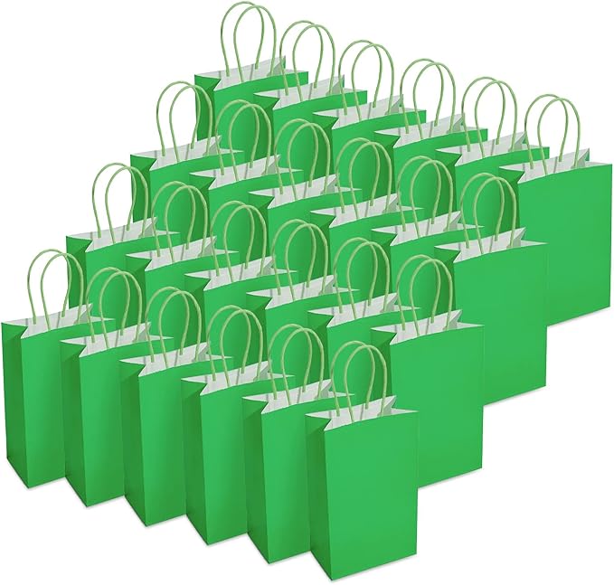 DjinnGlory 100 Pack Small-Sized 9''x5.5''x3.15'' Green Paper Gift Bags with Handles Bulk for Boutiques, Party Favors Goodies, Christmas, St. Patrick's Holiday (Solid Green)