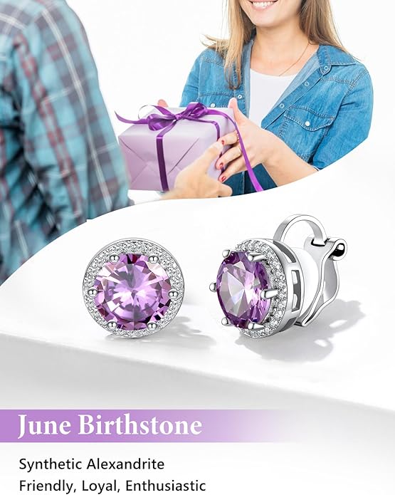Silvora 925 Silver 8MM Cubic Zirconia Birthstone Clip On Stud Earrings Round Non Pierced Earrings For Women,Come with Box
