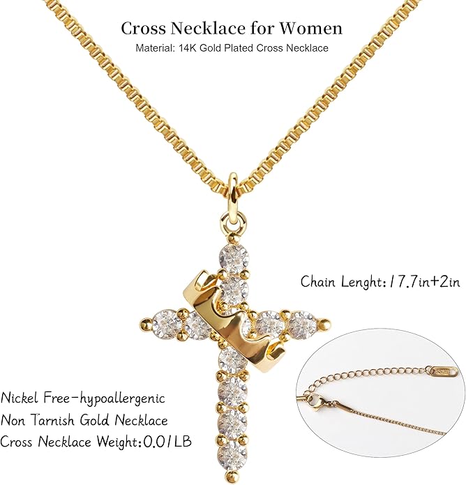 Crown Cross Necklace for Women, 14K Gold Silver Cubic Zirconia Crown Cross Necklace, Diamond Gold Silver Cross Necklaces, Dainty Cross Faith Simple Trendy Charm Jewelry Gift for Women