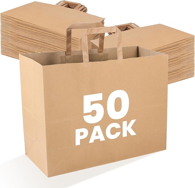 XPCARE 50 Pack Large Brown Paper Bags, 16x6x12 Inch Brown Paper Bags with Handles, Large Gift Bag Bulk, for Retail, Party, Shopping, Birthday, Grocery, BusinessC