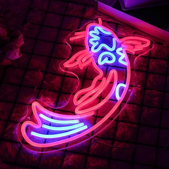 Koi Fish Neon Sign Koi Carp Neon Lights Japanese Fish Led Neon Red Blue Lucky Fish Neon Signs for Wall Decor 17”x9.5”with USB/Switch for Bar, Restaurant, Office, Living Room