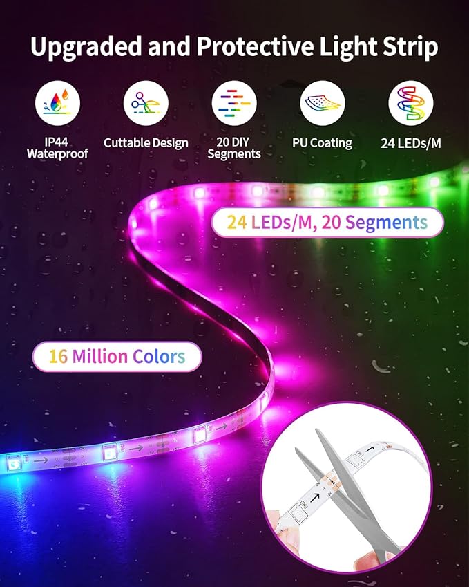 RGB+IC LED Strip Lights, Smart LED Light for Bedroom, Color Changing LED Strips with 44 Scene Modes, Segmented Control, for Bedroom Home TV Wall Décor, Party, Festival, Gathering