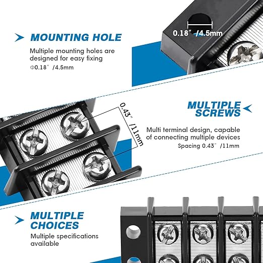 GLOSO Terminal Blocks Double Row Stainless 11 mm Pitch TBC, Marine Grade, 12-22 AWG Cu, 25A/300V - 1 Pack, 8 Poles