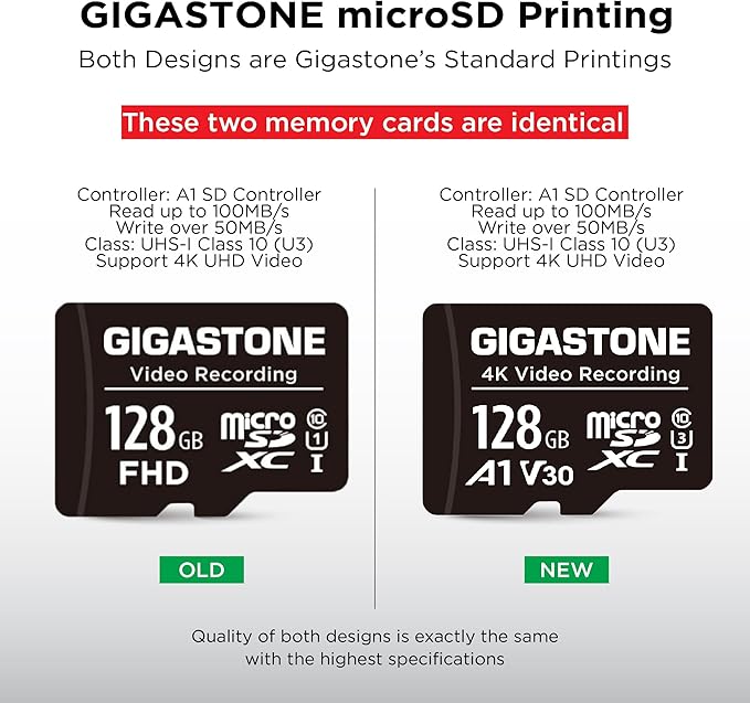 GIGASTONE 128GB Micro SD Card 5-Pack, A1 V30 4K Video Recording, Compatible with Security Camera, Dash Cam, Drone, 100MB/s MicroSDXC Memory Card UHS-I, with Adapter