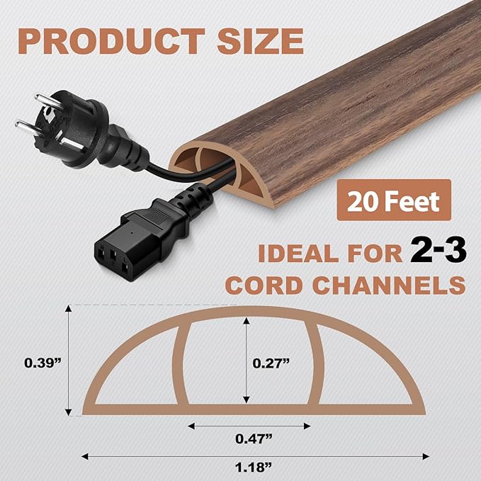 Floor Cord Cover for Wires on Floor Self Adhesive Cord Hider Floor Cable Management Wire Covers for Cords Protector Prevent Cable Trips Cord Cavity W 0.47" x H 0.27", Misty Brown Wood, 20Ft