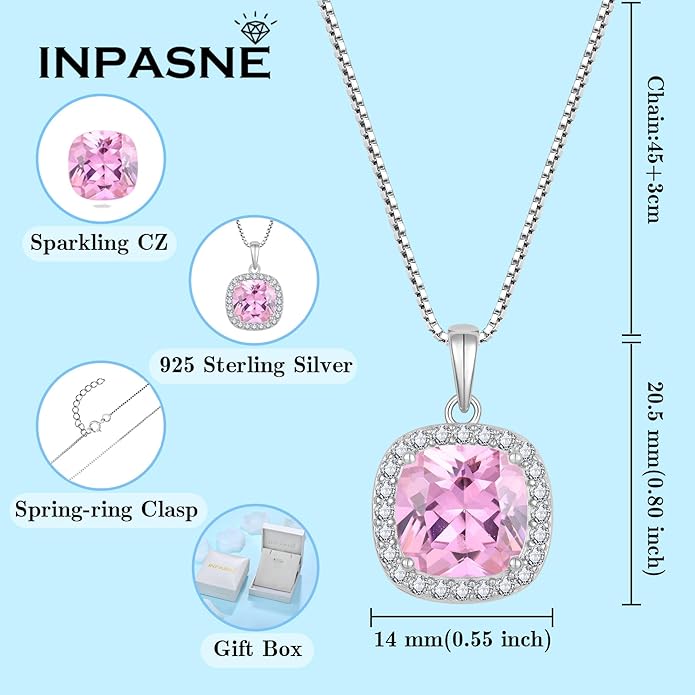 Princess Cut Jewelry Set 925 Sterling Silver Pink Tourmaline Earrings Dangle Drop Leverback October Birthstone Necklace and Bracelet Jewelry Gifts for Women