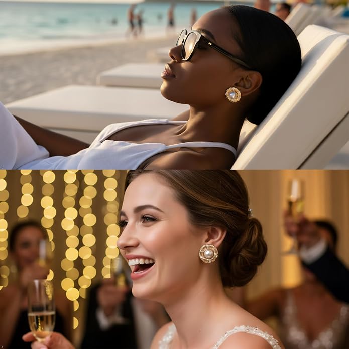 Statement Chunky Gold Earrings for Women,Crystal Rhinestone Accents Large Stud with Stone and Pearl