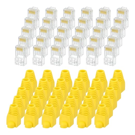MECCANIXITY 60pcs Cat6 RJ45 Pass Through Connectors, RJ45 Connector 8P8C Gold Plated Plugs with 60pcs Yellow Strain Relief Boots for Solid or Stranded UTP Ethernet Cable, 1.1mm