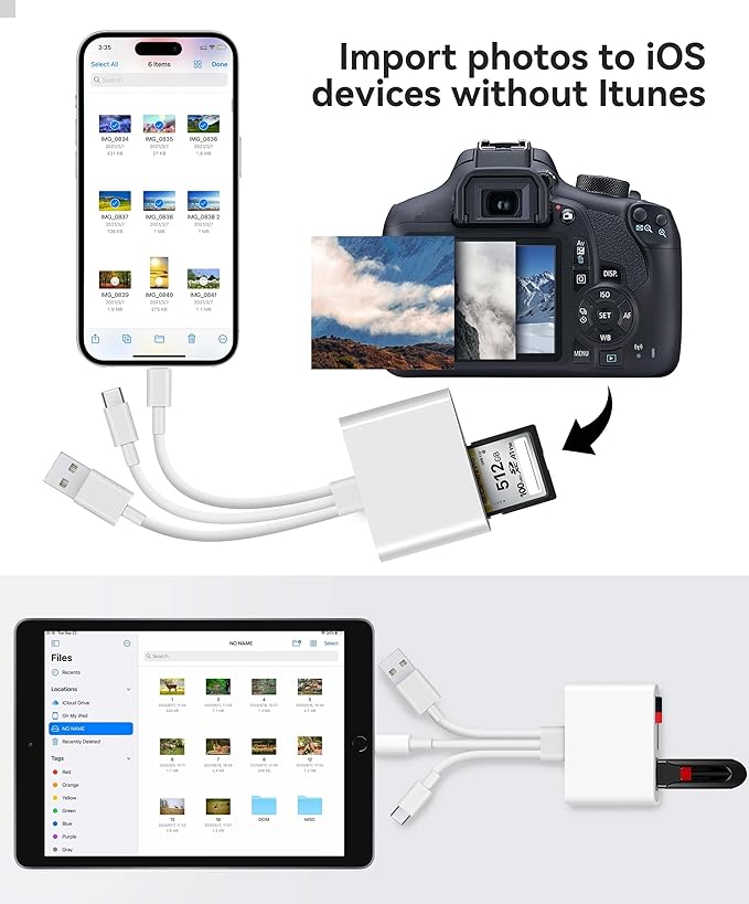 SD Card Reader for iPhone iPad Mac Trail Game Camera Viewer Built-in 3-in-1 Connector (Lightening, USB-C and USB-A) with SD MicroSD USB-A 3 Slots, Portable No App Required Plug & Play - White