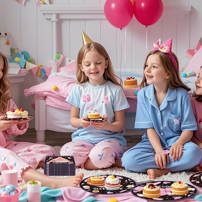 96PCS Sleepover Plates and Napkins Party Supplies Pajama Party Decorations Sleepover Party Supplies for Girls Slumber Themed Disposable Tableware Set Serve 24 Guests