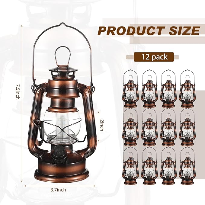 Hortsun 2 Pieces 8 Inch Vintage LED Hurricane Lantern 12 Warm LEDs and Dimmer Switch Battery Operated Farmers Hanging Lantern for Halloween Christmas Indoor Outdoor Camping Usage Decor