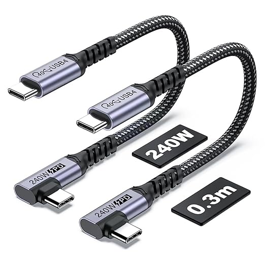 1FT USB 4 Cable Right Angle [2 Packs], 240W USB C Cable, 40Gbps High Speed Data Transfer with Single 8K or Dual 4K Display Video Dispaly Compatible with iPhone 16/16 Pro Max/16 Plus