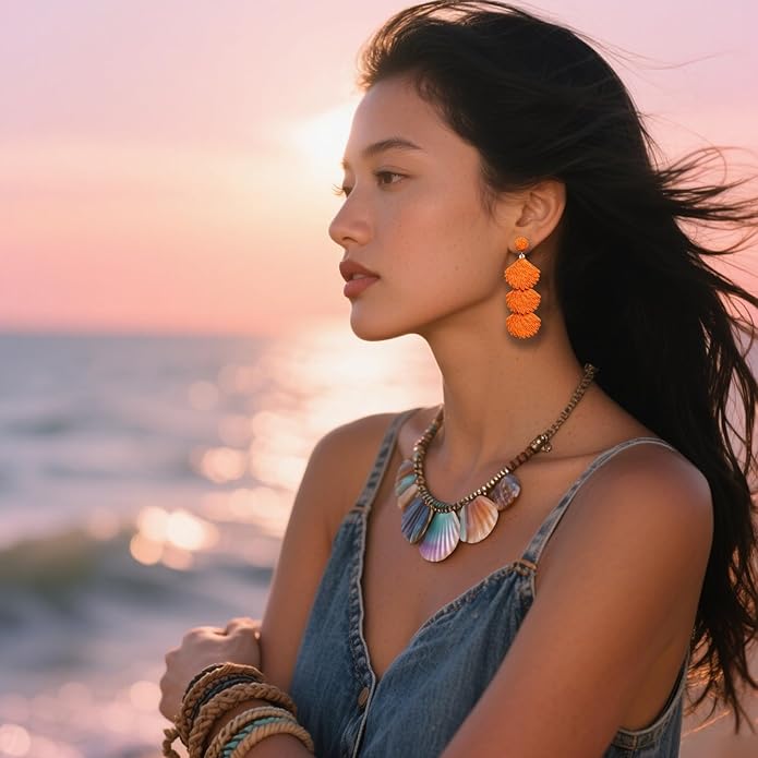 Raffia Dangle Earrings for Women - Boho Statement Rattan Drop Jewelry with Shell Design, Lightweight Summer Beach Trendy Accessories