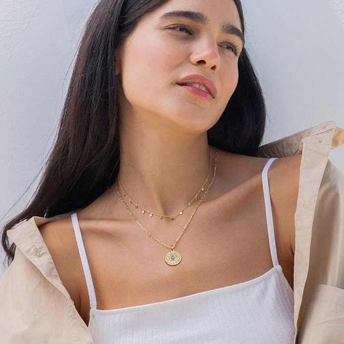 Aobei Pearl 18K Gold Plated Moon Star Lion Evil Eye Love Heart Cross Pendant Necklace Medallion Paperclip Chian Choker Layering Jewery for Women