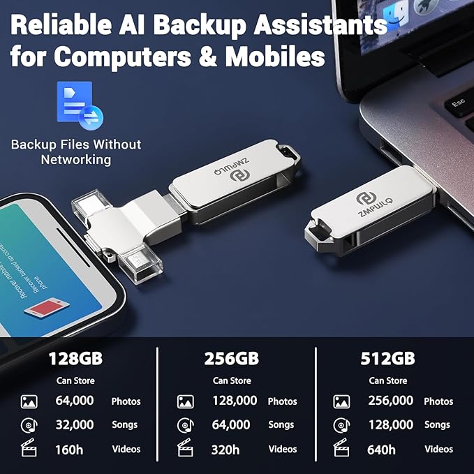 Photo Stick 512GB-Auto-Secure-Backup-USB-Flash-Drive-Saver-Memory-Stick-Photo-Finder for Phone/iPhone/iPad/Android/PC-4-in-1-Thumb-Drive-External-Storage for All Devices,Backup Photos,Videos,Contacts