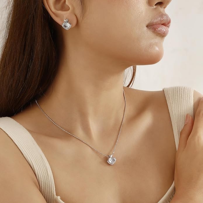 Love Heart Necklaces and Earrings with Rose Cut Birthstone Silver Plated Elegant Jewelry Set for Women CS0002
