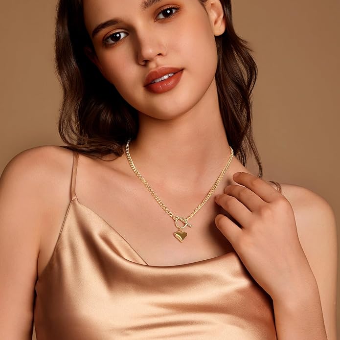 Zeffy 14K Gold/Silver Plated Chunky Thick Chain Toggle Clasp Necklace Dainty Baroque Pearl/Heart/Cross/Turquoise Pendant Necklace