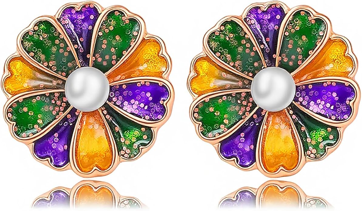 MardiGras Stud Earrings for Women Glitter Delicate Compact Flower Mask Hat Lips Stud Earring Charm Green Purple Gold Carnival Earring Cute MardiGras Jewelry Accessories for Women