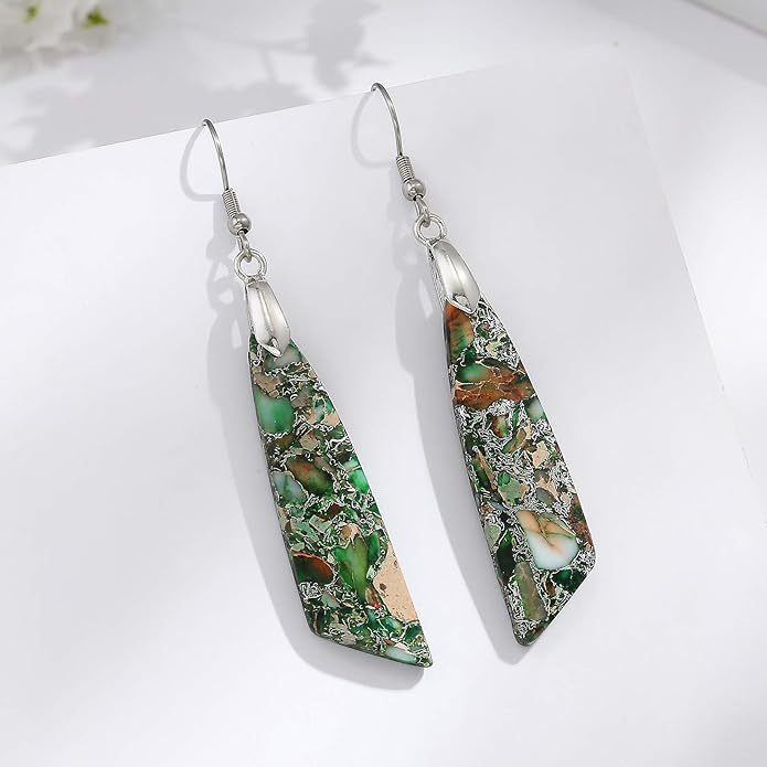 Boho Women Natural Stone Earrings Unique Healing Imperial Jasper Gemstone Energy Hypoallergenic Lightweight Dangle Drop Earrings Multiple Styles Earrings Jewelry for Birthday Party Gift